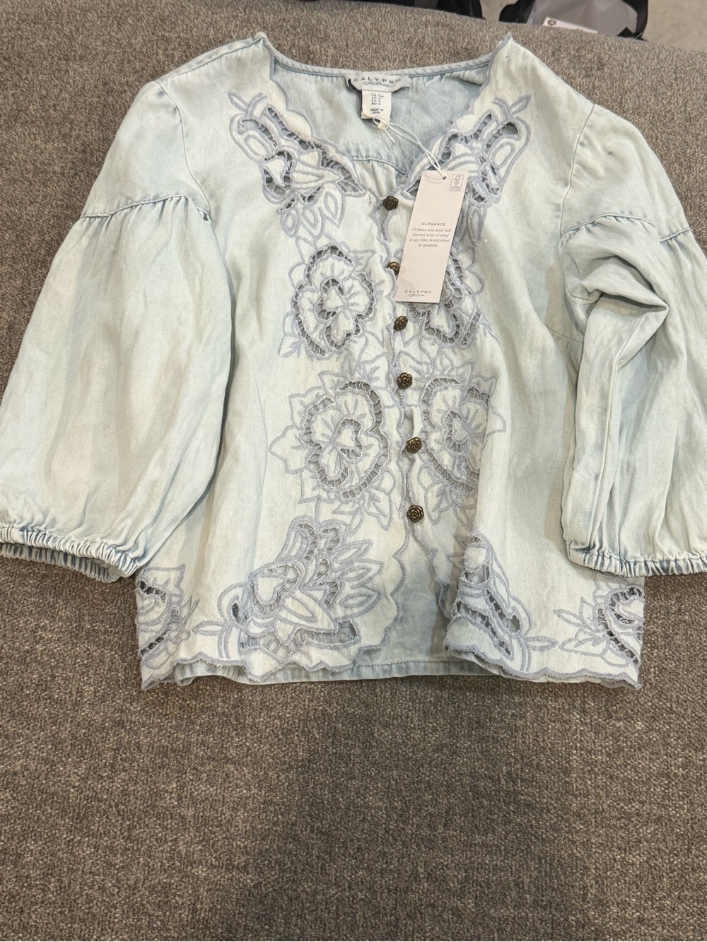 NWT Calypso St. Barth Light Blue Embroidered Button-Front Blouse